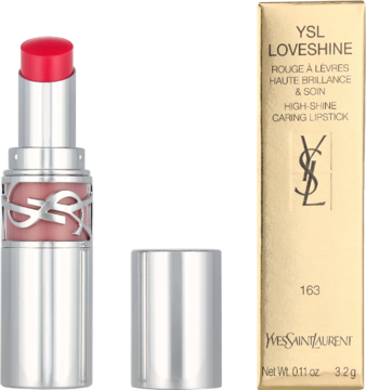 YSL Loveshine High Shine Caring Lipstick, otwarta srebrna tubka z różową szminką, obok złote pudełko.