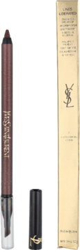Pionowa brązowa kredka YSL Lines Liberated z odsuniętą czarną nakrętką, obok złote opakowanie produktu.