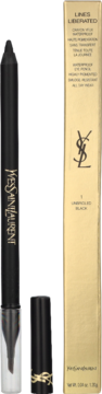 Czarna kredka do oczu YSL Lines Liberated z otwartą skuwką, obok złote, prostokątne opakowanie. Widok z przodu.