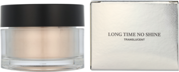 Puder matujący Lancôme Long Time No Shine w słoiczku z czarną nakrętką i srebrne pudełko obok, widok z przodu.