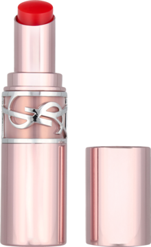 Otwarta, koralowo-czerwona szminka YSL Rouge Volupté Shine w lśniącej, różowo-złotej obudowie z misternym srebrnym logo.