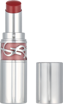 Szminka YSL Rouge Volupté Shine w odcieniu jagodowego różu, w otwartym, srebrnym etui z metalicznym połyskiem.