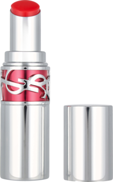 Czerwona szminka YSL w srebrnym, błyszczącym opakowaniu z czerwonym wzorem, wysunięta. Obok leży srebrna zakrętka.