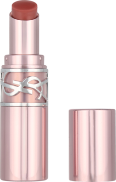 Różowozłota pomadka YSL Volupté z różowym sztyftem, z widocznym srebrnym logo i zdjętą skuwką.