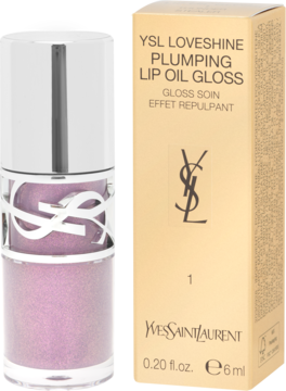 YSL Loveshine Plumping Lip Oil Gloss w perłowym fiolecie, obok złote pudełko z logo YSL. Widok przód.