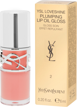YSL Loveshine Plumping Lip Oil Gloss w różowym odcieniu, w przezroczystej butelce i złotym pudełku, widok z przodu.