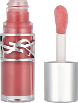 Otwarty błyszczyk YSL Loveshine Mellow, różowy, z aplikatorem obok. Butelka ma srebrne logo, pędzelek nasycony kolorem.