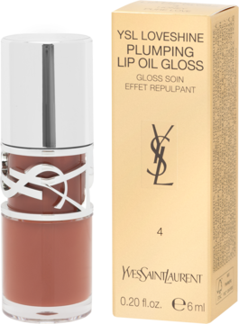 Błyszczyk YSL Loveshine Plumping Lip Oil Gloss nr 4 w brązowym odcieniu, butelka z logo obok złotego opakowania, front.