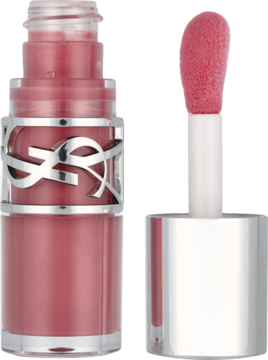 Błyszczyk YSL Loveshine Nude Lavaillere. Szklana butelka ze srebrnym logo, obok różowo-brązowy aplikator z połyskiem.