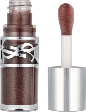 Brązowy błyszczyk YSL Loveshine Espresso Stardust. Butelka z logo i wyjęty aplikator z połyskującym żelem.