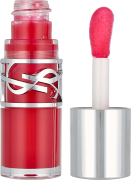 Błyszczyk YSL Loveshine Strawberry Star, jaskrawy czerwony. Otwarta butelka ze srebrnym logo i aplikatorem obok.