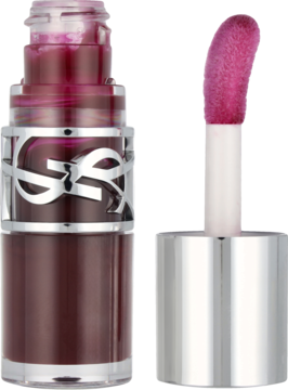 Błyszczyk YSL Loveshine Purple Dream. Butelka z logo i aplikator z intensywnym, fuksjowym połyskiem.