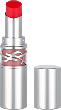 Otwarty balsam do ust YSL Rouge Volupté Shine w srebrnym opakowaniu. Widoczny jaskrawoczerwony sztyft i srebrna nakładka.