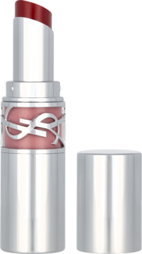 Czerwona pomadka YSL Rouge Volupté Shine w srebrnym, metalicznym opakowaniu, z odkręconym sztyftem i widocznym logo.