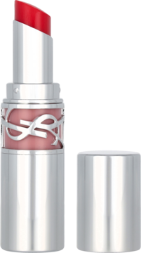 Otwarta szminka YSL Rouge Volupté Shine w srebrnym etui, z czerwonym wkładem. Srebrna nakładka obok, ujęcie z przodu.