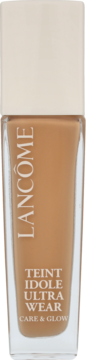 Kryjący podkład Lancôme Teint Idole Ultra Wear Care & Glow w szklanej butelce, beżowy odcień, widok z przodu.