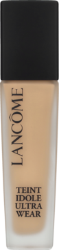 Lancôme Teint Idole Ultra Wear, kryjący podkład do twarzy w beżowej, szklanej butelce z czarną nakrętką, widok z przodu.