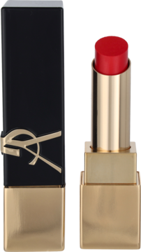 Czerwona pomadka Yves Saint Laurent Rouge Pur Couture w eleganckiej czarno-złotej obudowie, widok otwartej i zamkniętej.