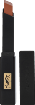 Matowa szminka YSL w odcieniu terakoty w czarnym, kwadratowym opakowaniu, z otwartą skuwką obok.