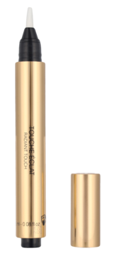 Złoty, rozświetlający korektor YSL Touche Éclat w pędzelku, z białym aplikatorem i zdjętą zatyczką.