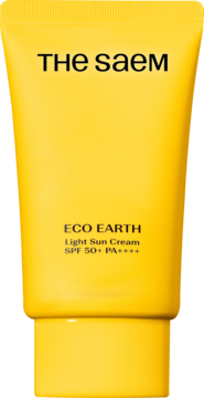 The Saem Eco Earth Light Sun Cream SPF 50+ PA++++ w żółtej tubce, ujęcie frontalne na etykietę.