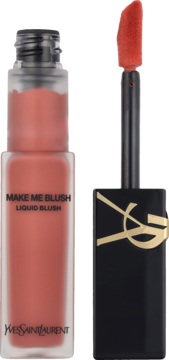 YSL Make Me Blush płynny róż w odcieniu High Peach. Frosted butelka z czarną zakrętką, aplikator obok.