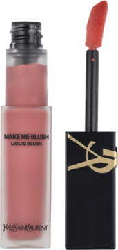 YSL Make Me Blush Liquid Blush, matowa butelka z otwartym aplikatorem i koralową końcówką, odcień nude lavalliere.