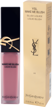 Płynny róż YSL Make Me Blush w matowej butelce obok złotego pudełka. Odcień 44. Widok z przodu.