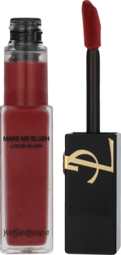 YSL Make Me Blush Berry Bang, płynny róż do policzków w przezroczystej butelce, obok czarna nakrętka z logo i aplikator.