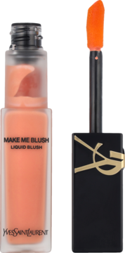 Płynny róż do policzków YSL Make Me Blush Coral Clash w matowej butelce, z wysuniętym pomarańczowym aplikatorem.