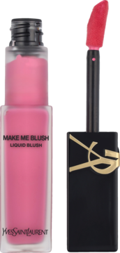 YSL Make Me Blush, płynny róż do policzków Edgy Cherry. Różowa butelka z otwartym aplikatorem, widok frontalny.