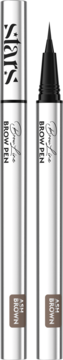 Dwa srebrne Pro Lashes BROW PEN w kolorze Ash Brown, jeden z zamknięciem, drugi z precyzyjną, ultracienką końcówką.
