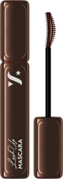 Brązowy tusz Lash Up Mascara z liftingującym efektem. Tuba z logo obok aplikatora z brązową szczoteczką.