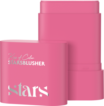Jasnoróżowy, kremowy róż w sztyfcie STARSBLUSHER, z widocznym srebrnym napisem, obok leży zatyczka.