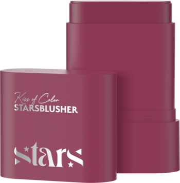 STARSBLUSHER, lekki róż w sztyfcie w śliwkowym kolorze, otwarty, widoczne srebrne logo i produkt.