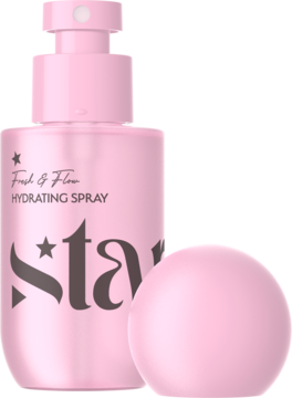 Różowy spray nawilżający Fresh & Flow STAR, butelka z pompką, obok leży kulista nakrętka.