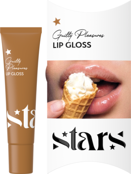 Miedziana tubka błyszczyka Guilty Pleasures Lip Gloss. Obok lśniące usta z wafelkiem, sugerujące słodki aromat.