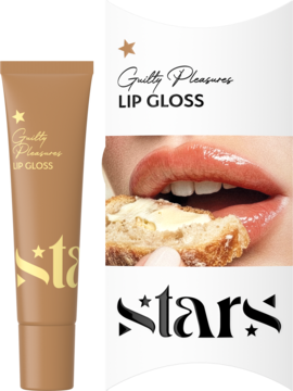 Brązowy błyszczyk Guilty Pleasures Stars w tubce, obok usta z efektem glow jedzące pieczywo z masłem.