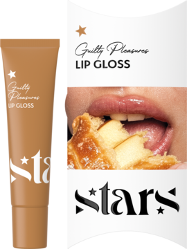Karmelowy błyszczyk Guilty Pleasures LIP GLOSS z marki Stars obok pudełka z grafiką ust jedzących słodkie ciasto.
