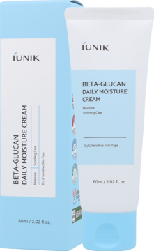 iUNIK Beta-Glucan Daily Moisture Cream w białej tubce z niebieską nakrętką, obok jasnoniebieskie pudełko, widok przód-bok.