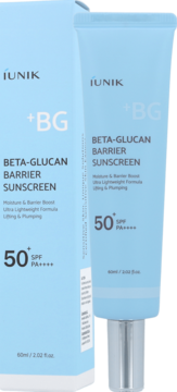 Nawilżający krem iUNIK Beta-Glucan Barrier Sunscreen SPF50 w niebieskiej tubce obok pudełka, widok z przodu.