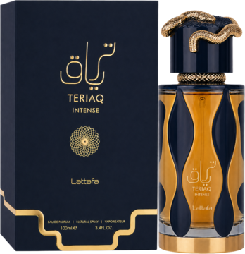 Perfumy Teriaq Intense Lattafa: ciemnoniebieski flakon ze złotym wzorem i ozdobnym korkiem obok pudełka.