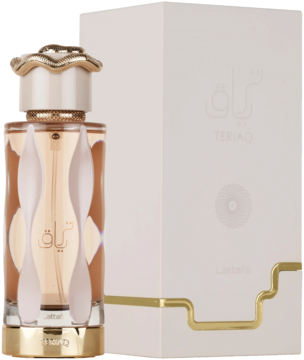 Lattafa Teriaq Intense woda perfumowana unisex, butelka z ozdobnym korkiem, złotymi zdobieniami i białe pudełko, z przodu.