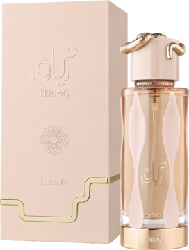 Woda perfumowana unisex Lattafa Teriaq: beżowa butelka ze złotym wężem na korku, obok pudełko z napisem.