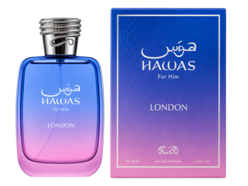 Woda perfumowana męska Rasasi Hawas London w butelce i opakowaniu z gradientem niebiesko-różowym.