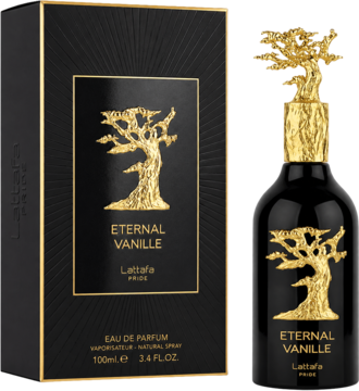 Lattafa Pride Eternal Vanille unisex woda perfumowana: czarny flakon ze złotym drzewem i pudełko, widoczne obok siebie.