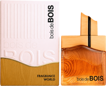 Bois De Bois Fragrance World Eau de Parfum w butelce z drewnianym detalem i różowym, teksturowanym pudełkiem.