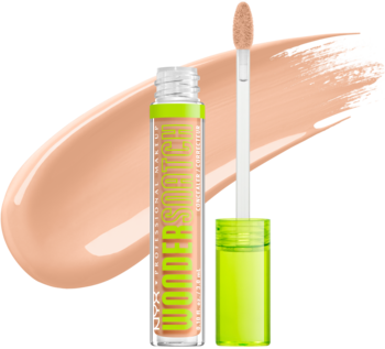 WONDER SNATCH korektor beżowy w neonowo-zielonej tubce, widok z aplikatorem i swatch'em fluidu.