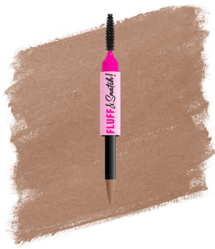 NYX Fluff & Snatch pudrowy pisak do brwi w kolorze Ash Blonde, dwustronny ze szczoteczką, na brązowym tle.