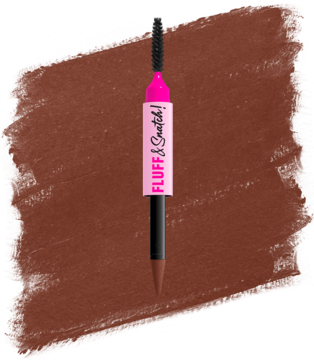 Pionowy pudrowy pisak do brwi NYX Fluff & Snatch Rich Auburn, ze spoolie, na brązowym swatche'u.